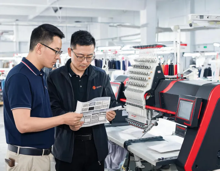 Tajima machine advisors reviewing stitch samples with a production team