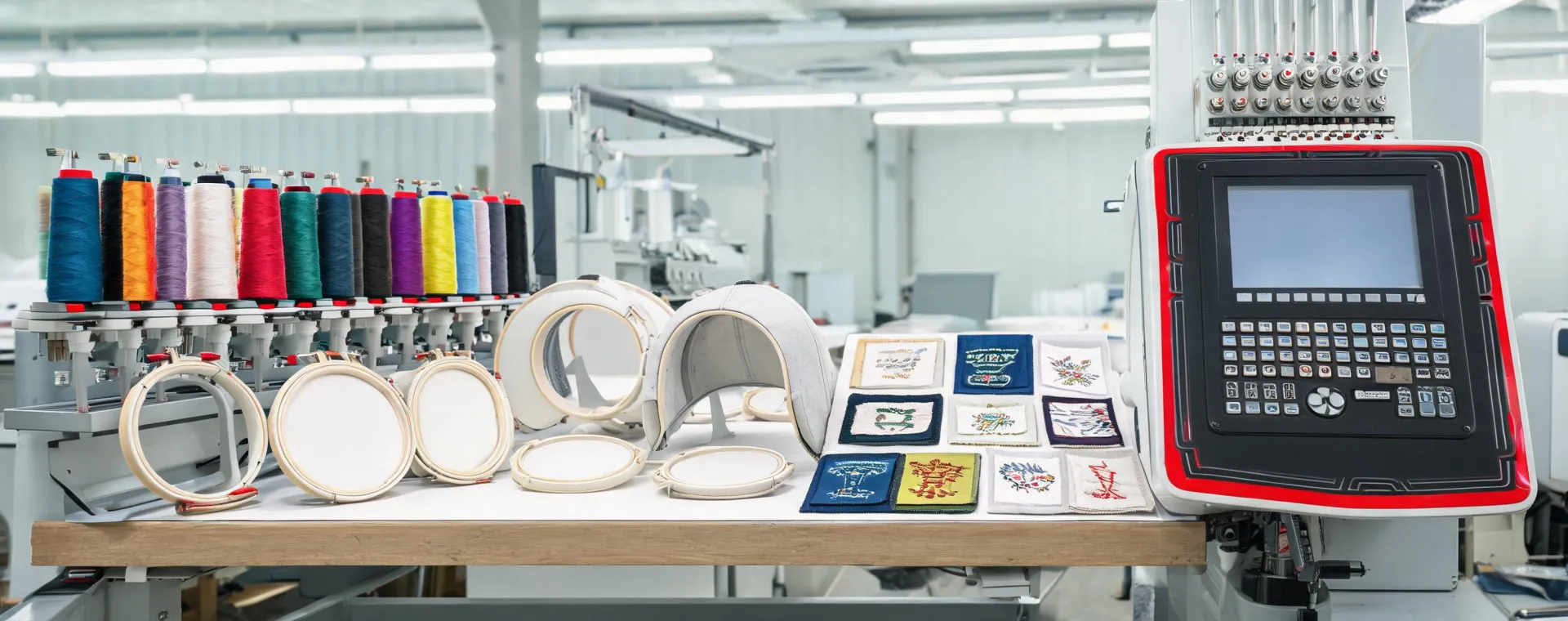 Tajima application readiness station with hoops and stitch samples