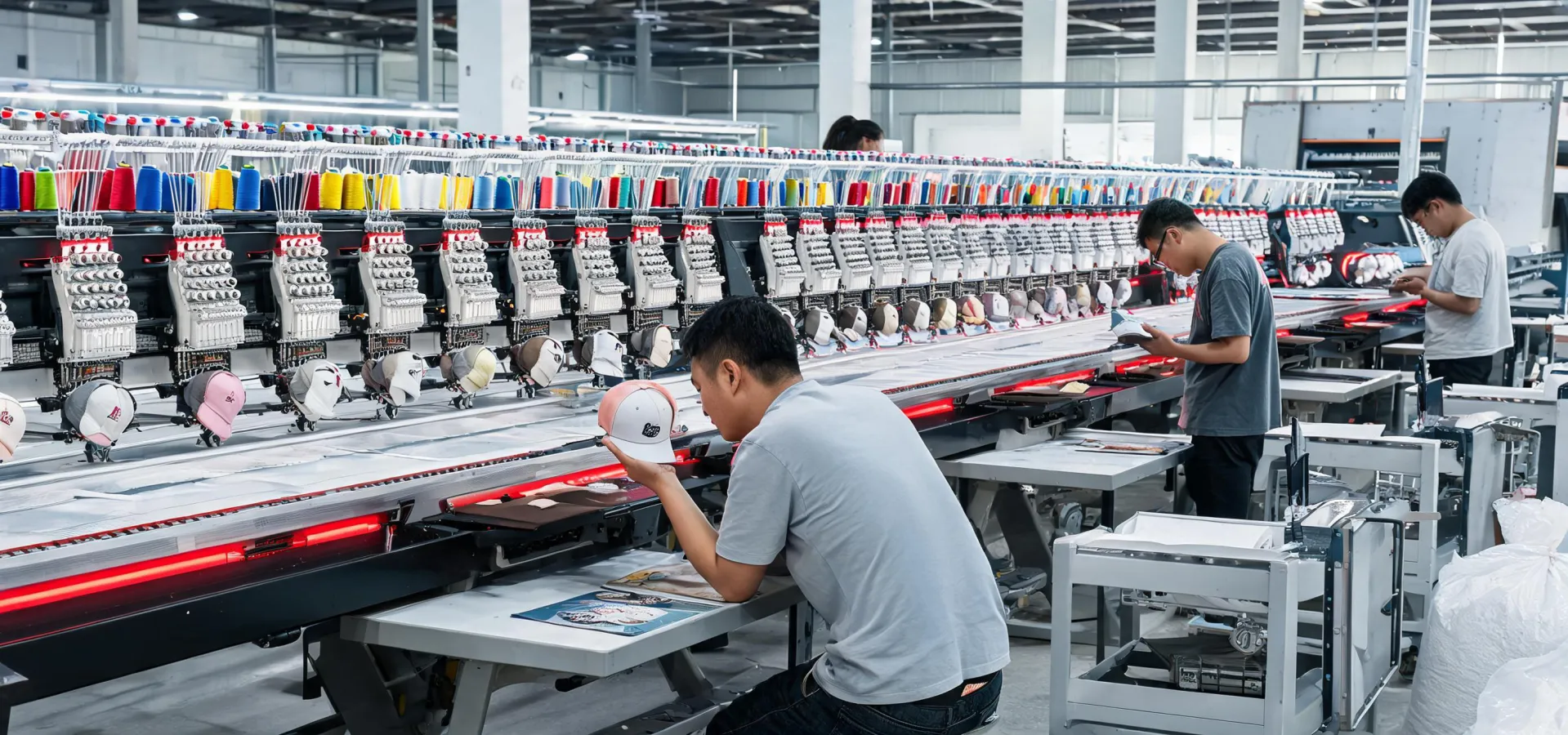 Multi-head embroidery machines in an apparel workshop