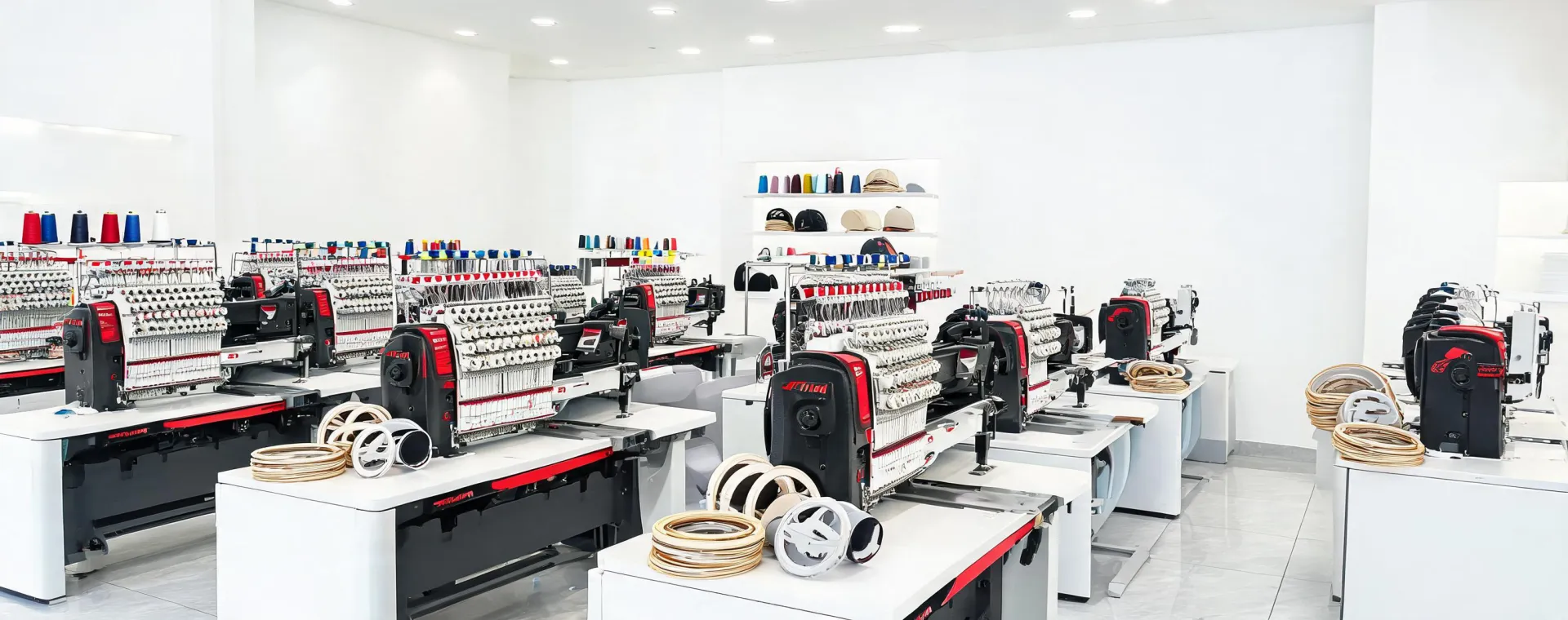 Tajima embroidery and sewing machines arranged for product selection
